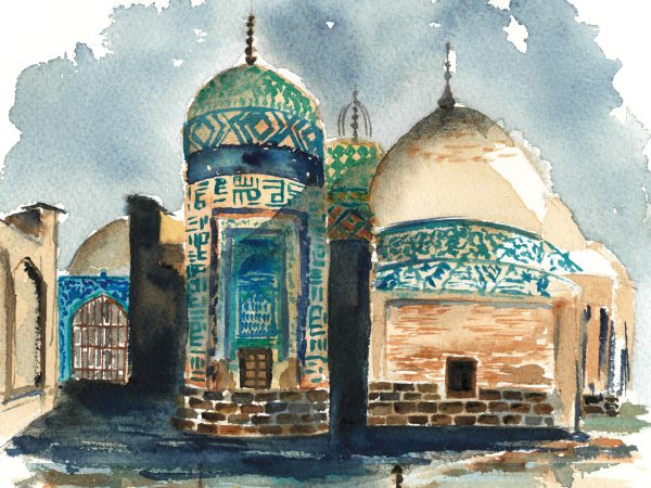 Painting of the Sheikh Safi al-Din Ardabili Shrine, showcasing its intricate architecture and ornate detailing